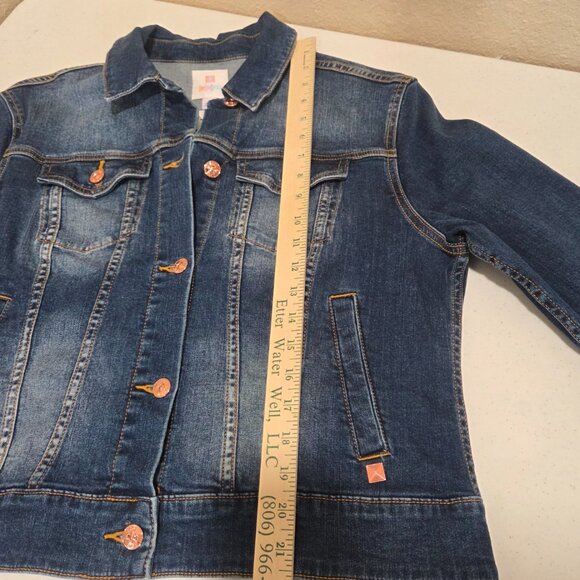 Denim Jacket Women's Size Large Cropped Stretch Long Sleeved Slit Pockets - Picture 15 of 16